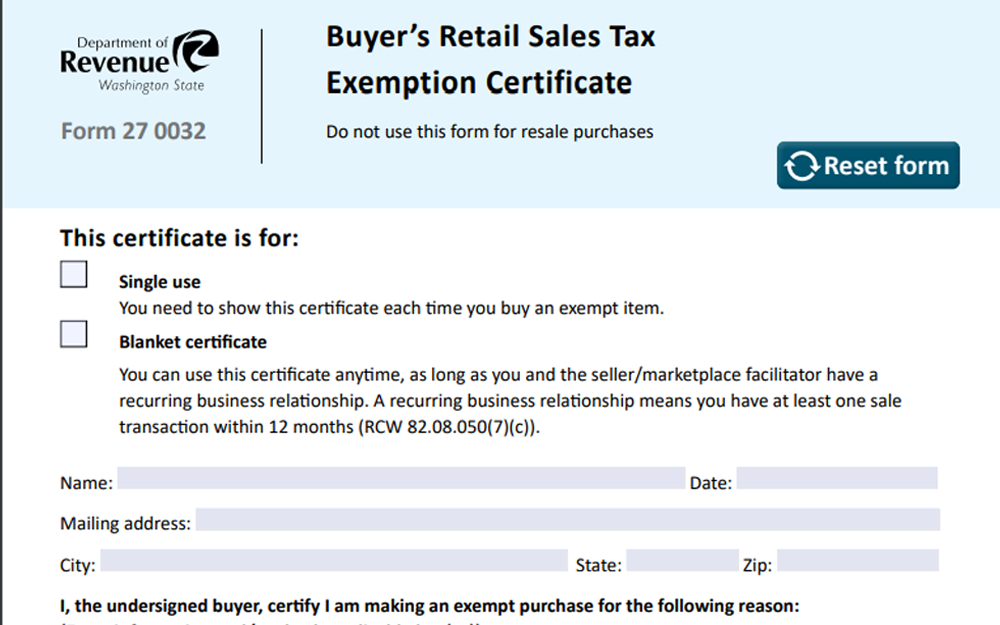 Screenshot of a PDF file containing the Buyer’s Retail Sales TaxExemption Certificate from the Washington State Department of Revenue.